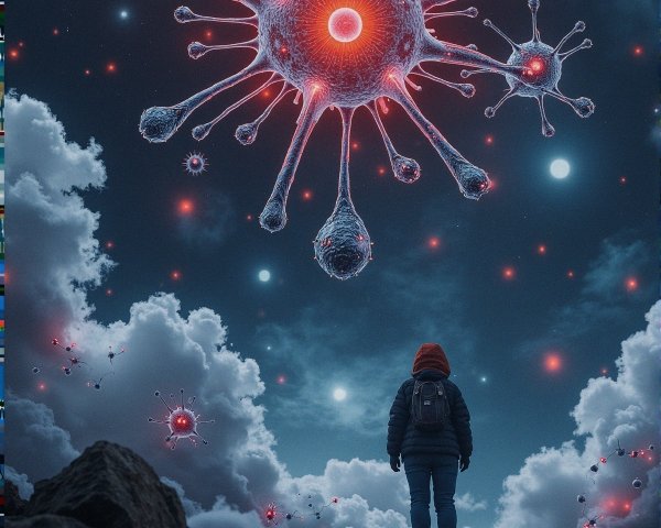 Surreal Landscape with Glowing Virus-Like Structures