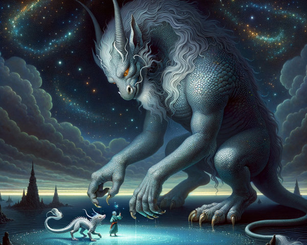 Colossal Blue Dragon Over Serene Landscape with White Dragon