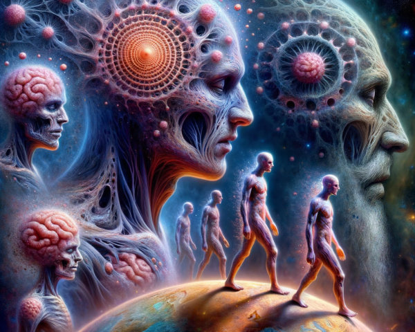 Surreal Cosmic Landscape with Humanlike Figures