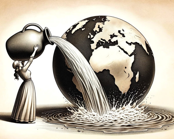 Woman in Dress Pours Water on Globe Symbolizing Earth