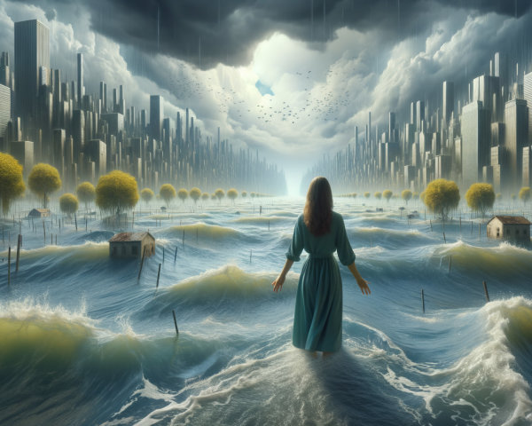 Woman at turbulent sea with futuristic city backdrop