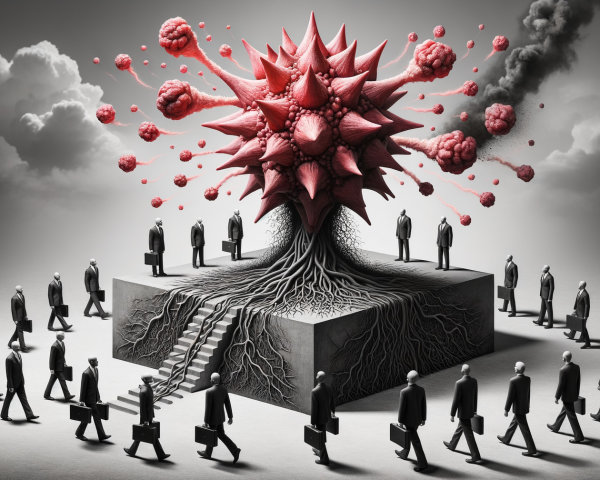 Surreal Scene of Virus Structure and Faceless Figures