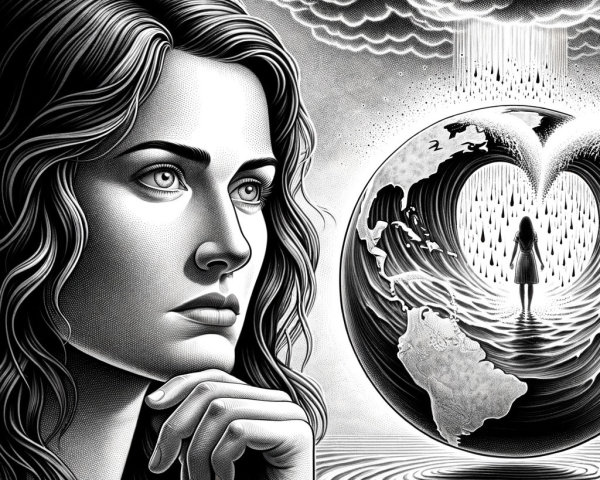 Reflective Woman with Globe and Stormy Sky Elements