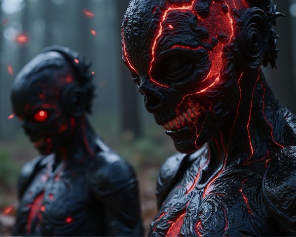 Humanoid Figures in Foggy Forest with Red Patterns