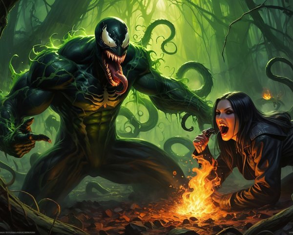 Monstrous Figure and Woman in Haunting Forest Scene