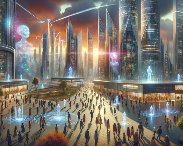 Futuristic cityscape with skyscrapers and sunset sky