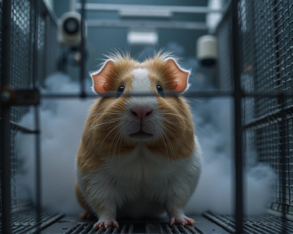 Curious guinea pig in a metal cage with smoky background