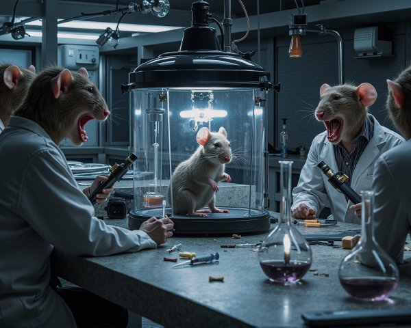 Scientists with Rat Heads Conducting Experiments in Lab