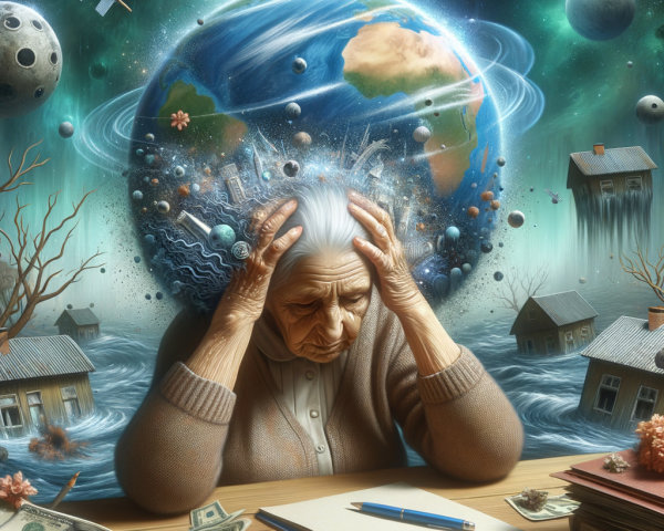 Elderly Woman in Distress Amidst Cosmic Crisis