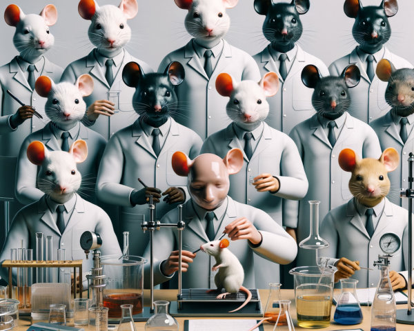 Humanoid Figures with Mouse Heads in a Laboratory Setting