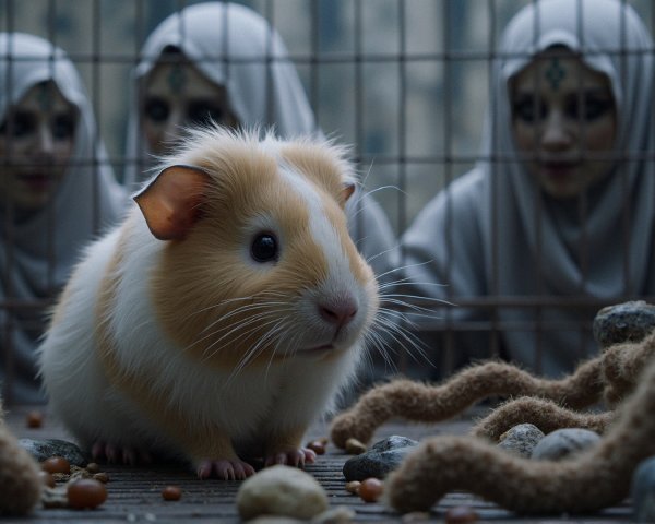 Guinea Pig in Cage with Eerie Cloaked Figures Nearby