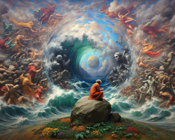 Serene Figure Amidst Chaotic Waves and Ethereal Faces