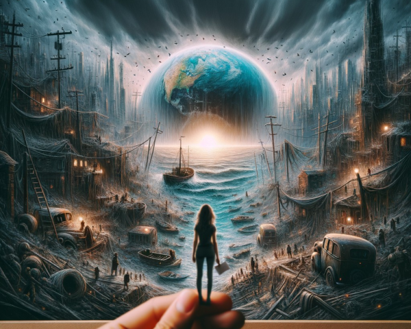 Miniature Figure Against Apocalyptic Artwork Background