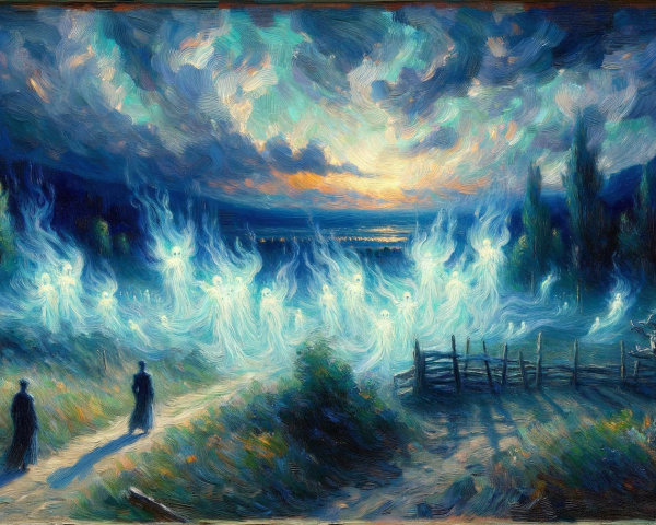 Serene Twilight Landscape with Figures and Spirits