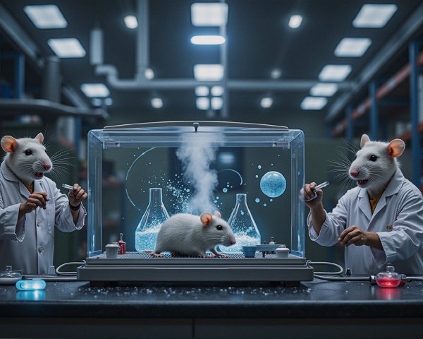 Anthropomorphic rats conducting experiments in a lab