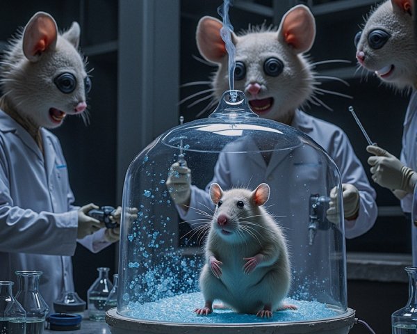 Laboratory Scene with Figures in Mouse Masks and Rat