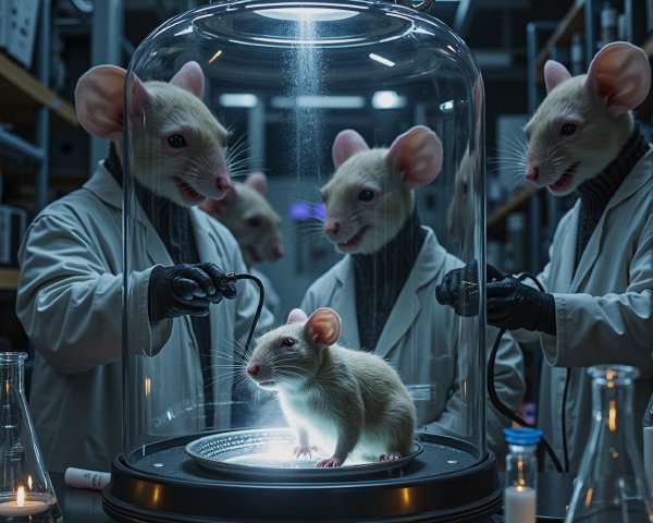 Humanoid Mice in Lab Coats Observe Mouse in Glass Dome