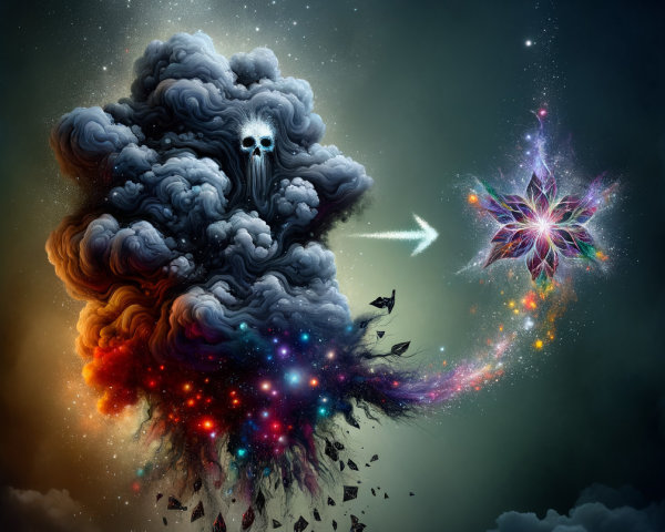 Surreal Scene of Dark Figure and Cosmic Flower
