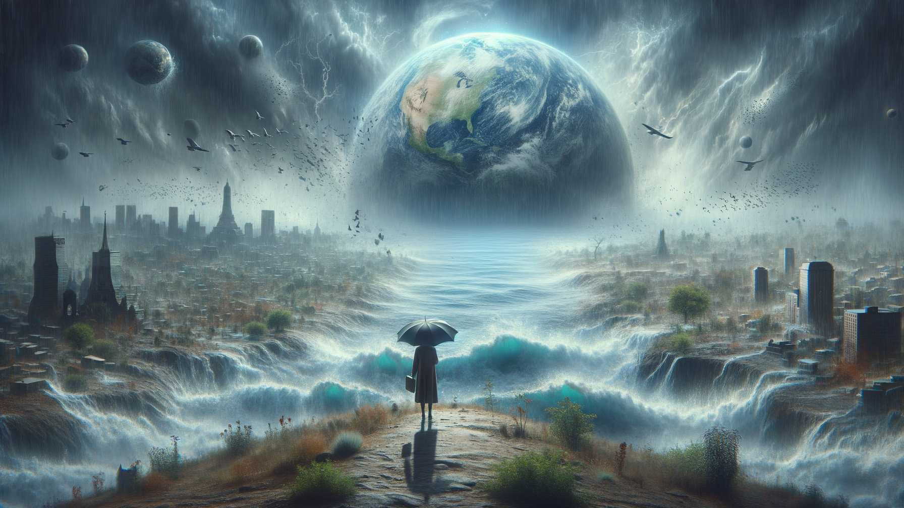 Surreal Landscape with Figure and Umbrella Over Ocean