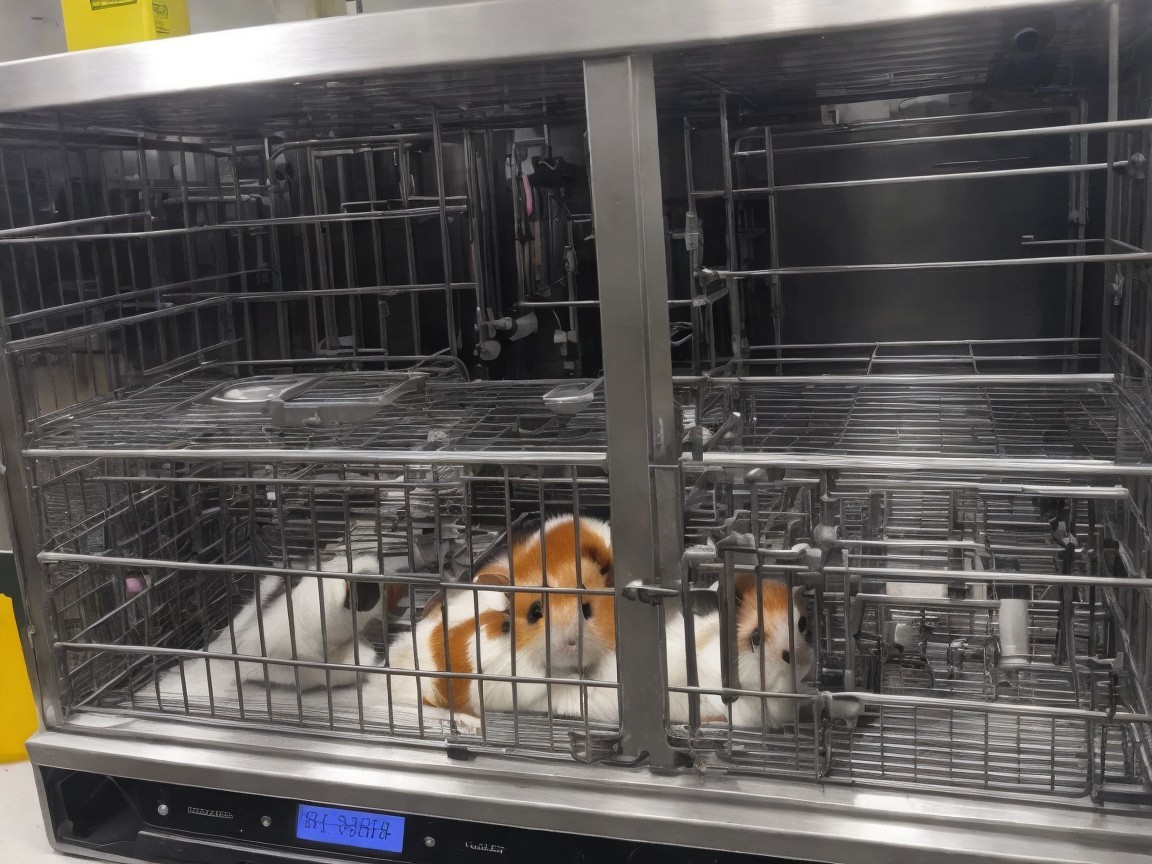 Metal Enclosure with Fluffy Orange and White Animals