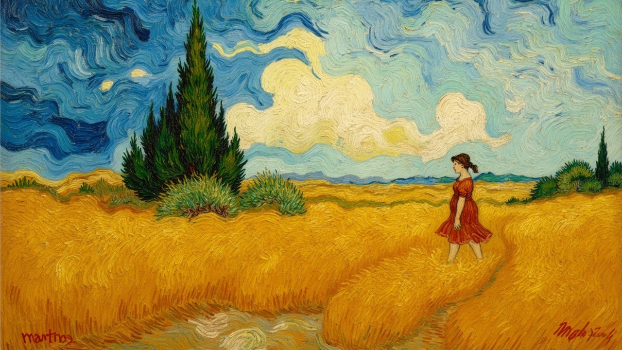 Woman in Red Dress in Golden Wheat Field Scene