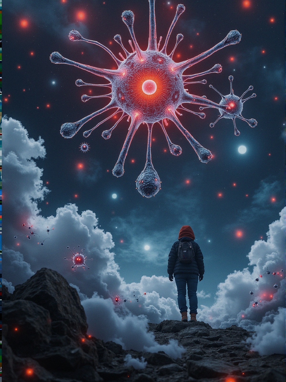 Surreal Landscape with Glowing Virus-Like Structures
