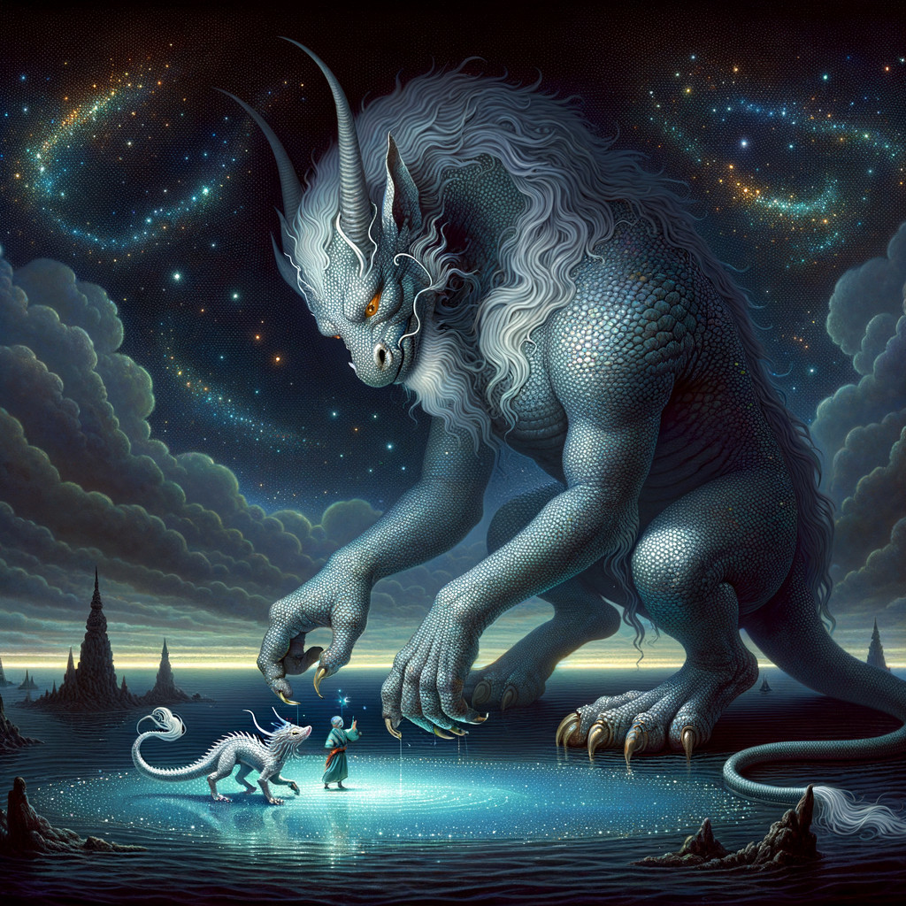 Colossal Blue Dragon Over Serene Landscape with White Dragon