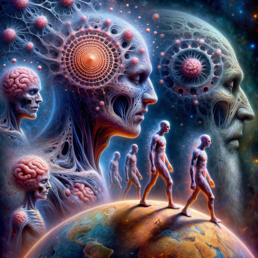 Surreal Cosmic Landscape with Humanlike Figures