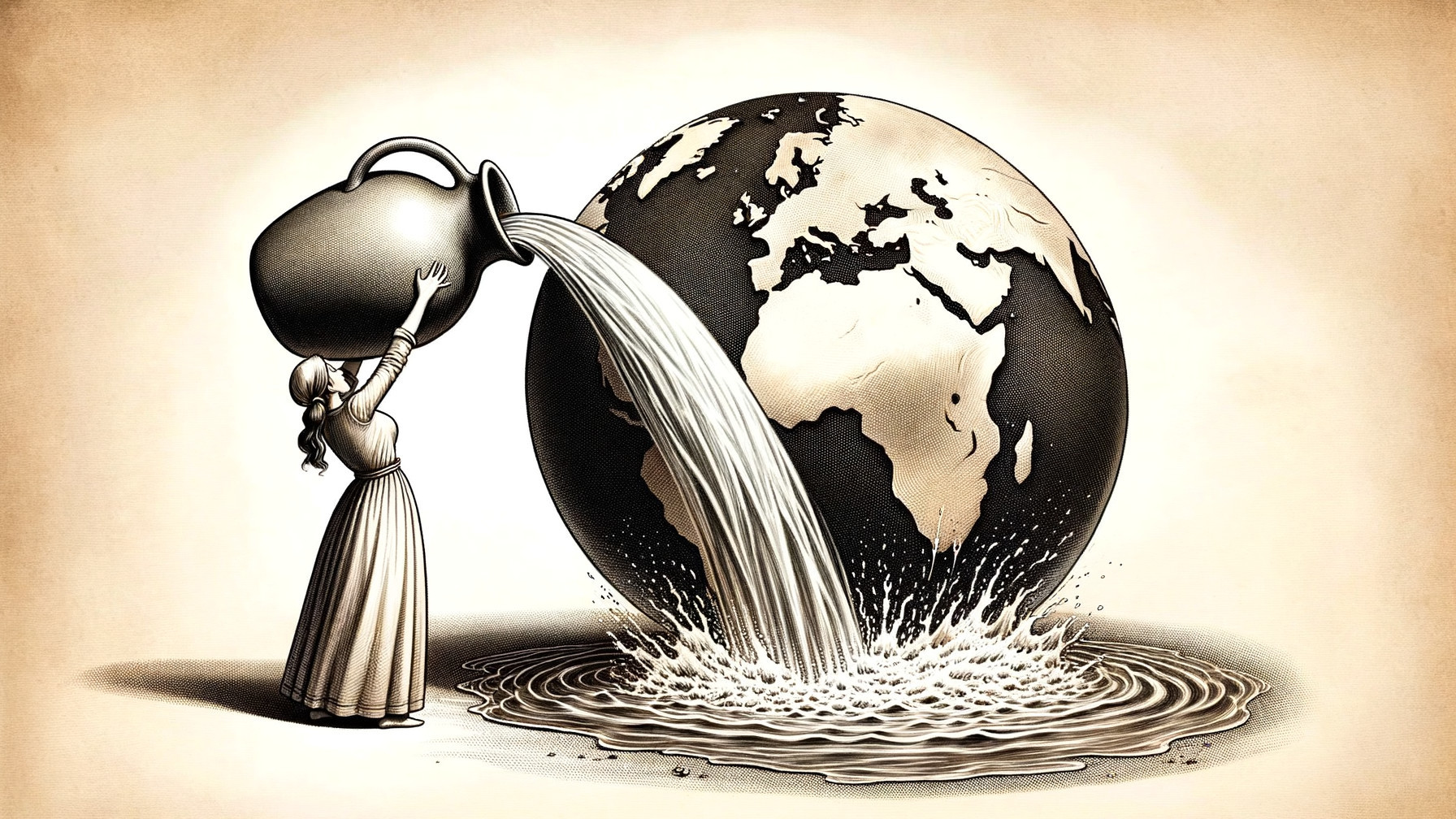 Woman in Dress Pours Water on Globe Symbolizing Earth