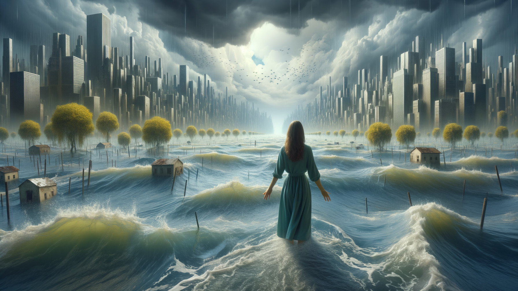 Woman at turbulent sea with futuristic city backdrop
