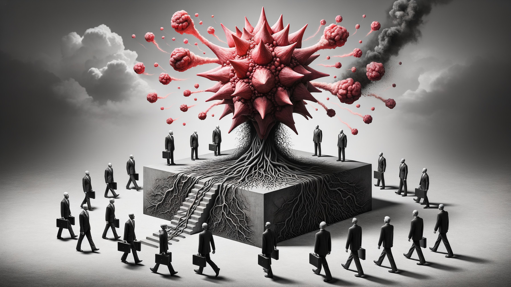 Surreal Scene of Virus Structure and Faceless Figures