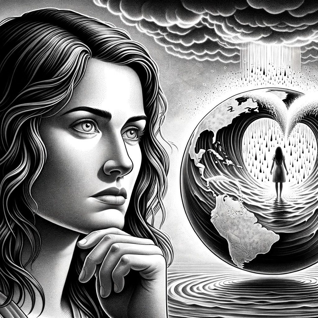 Reflective Woman with Globe and Stormy Sky Elements