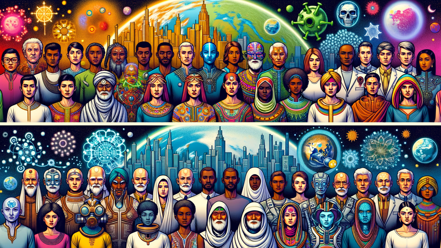 Vibrant Cosmic Scene with Humans and Extraterrestrial Beings