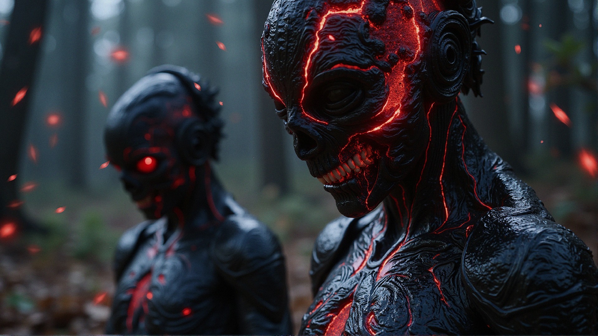 Humanoid Figures in Foggy Forest with Red Patterns