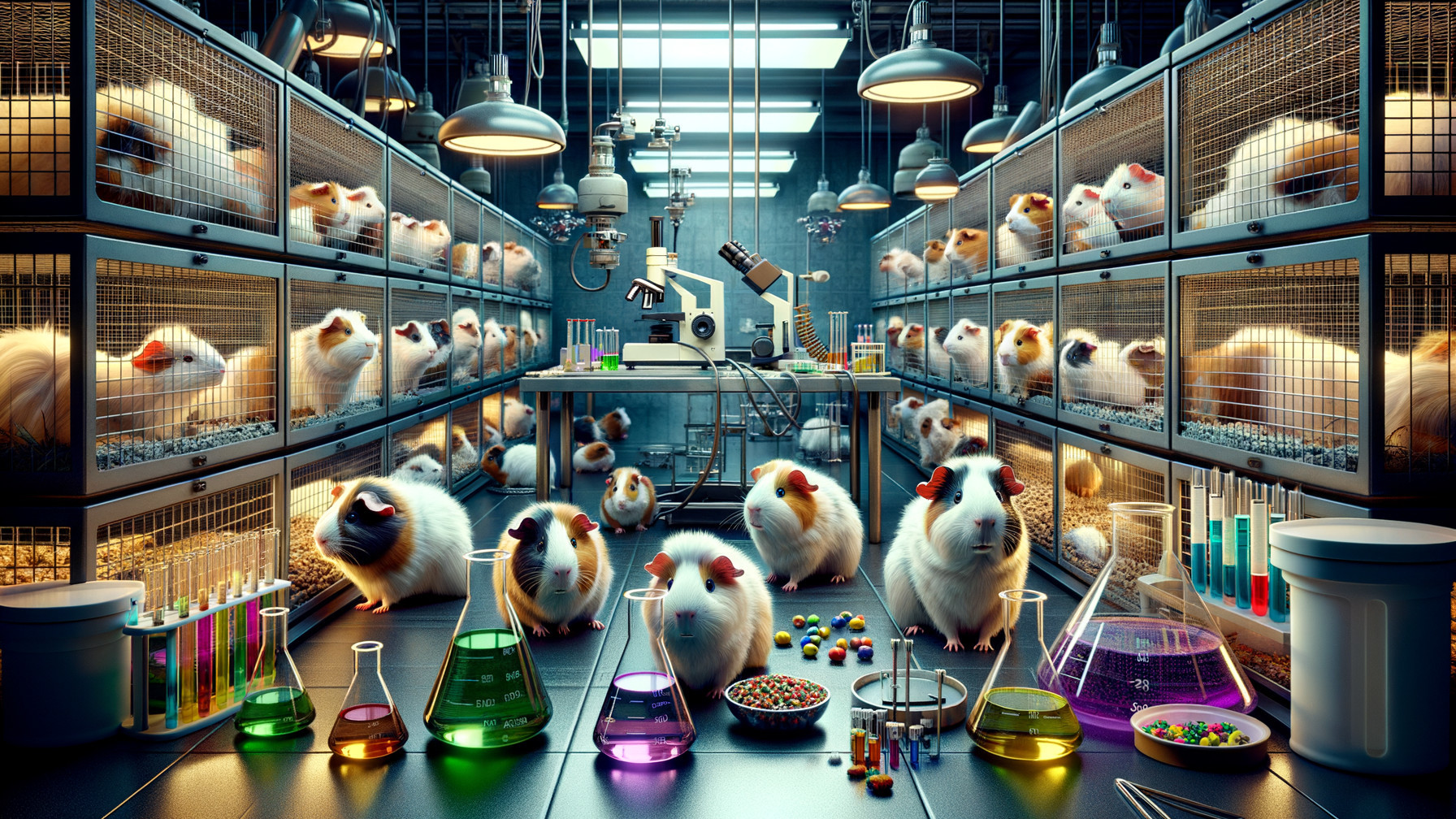Laboratory Setting with Guinea Pigs and Colorful Equipment