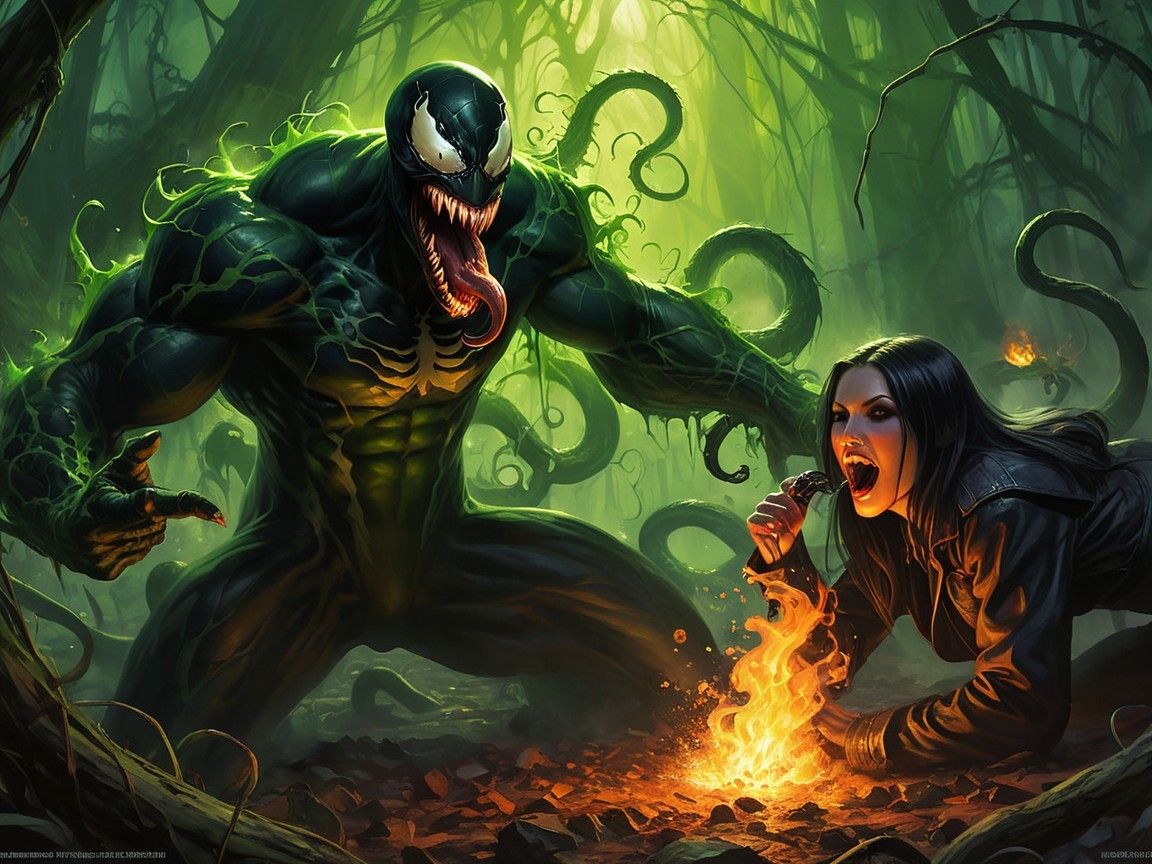 Monstrous Figure and Woman in Haunting Forest Scene