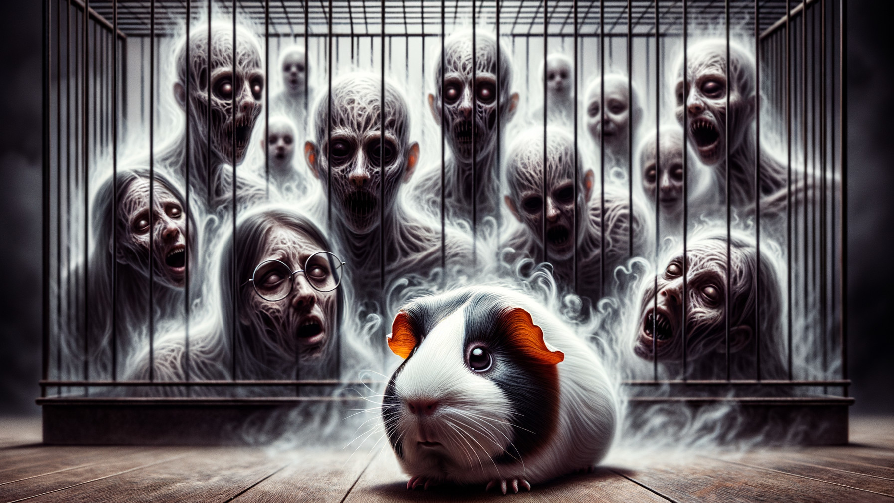 Guinea Pig in Foreground with Ominous Ghostly Figures