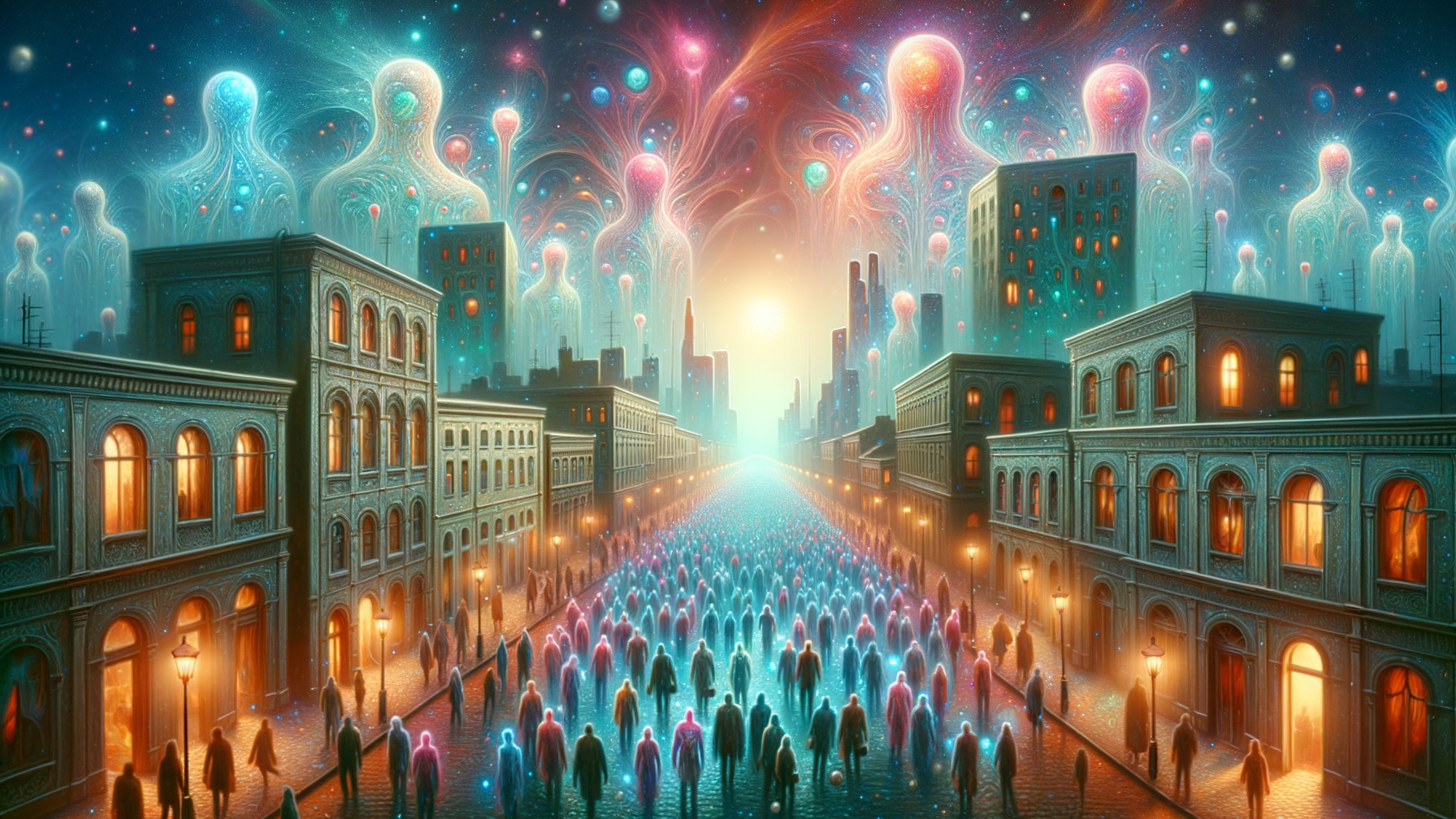 Surreal Street Scene with Ethereal Figures and Glow