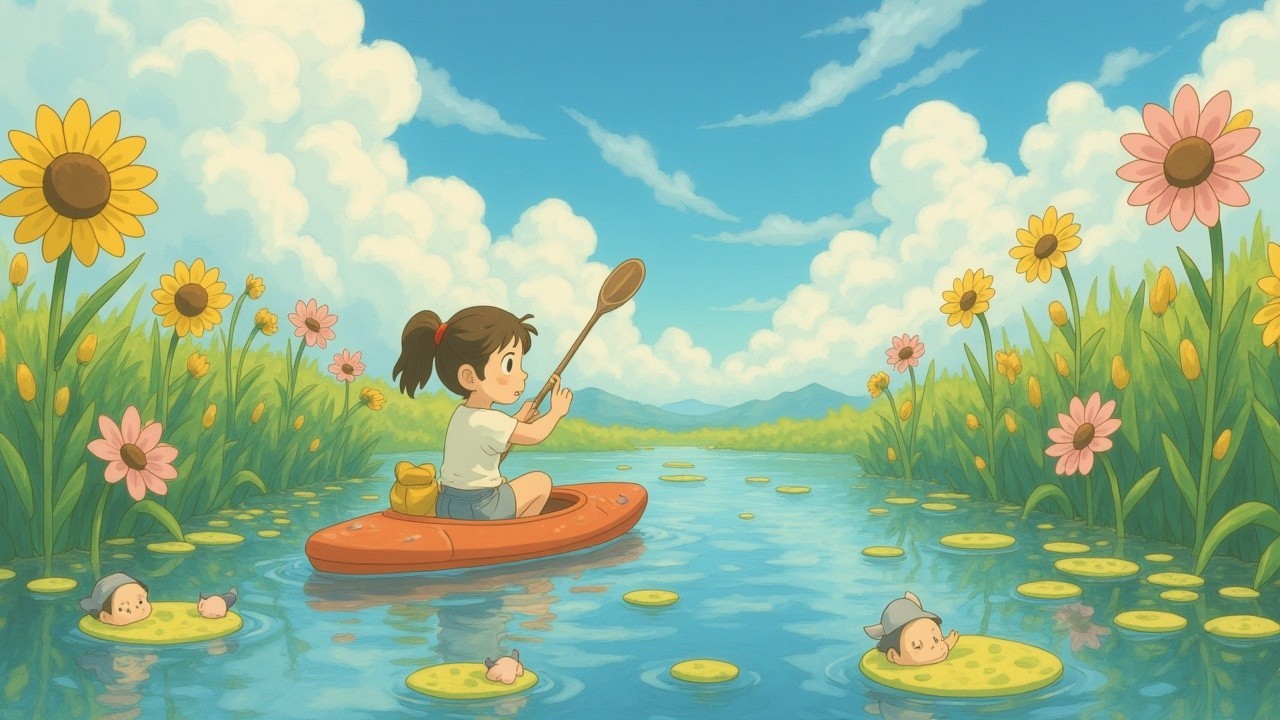 Young girl kayaking in a flower-filled pond scene