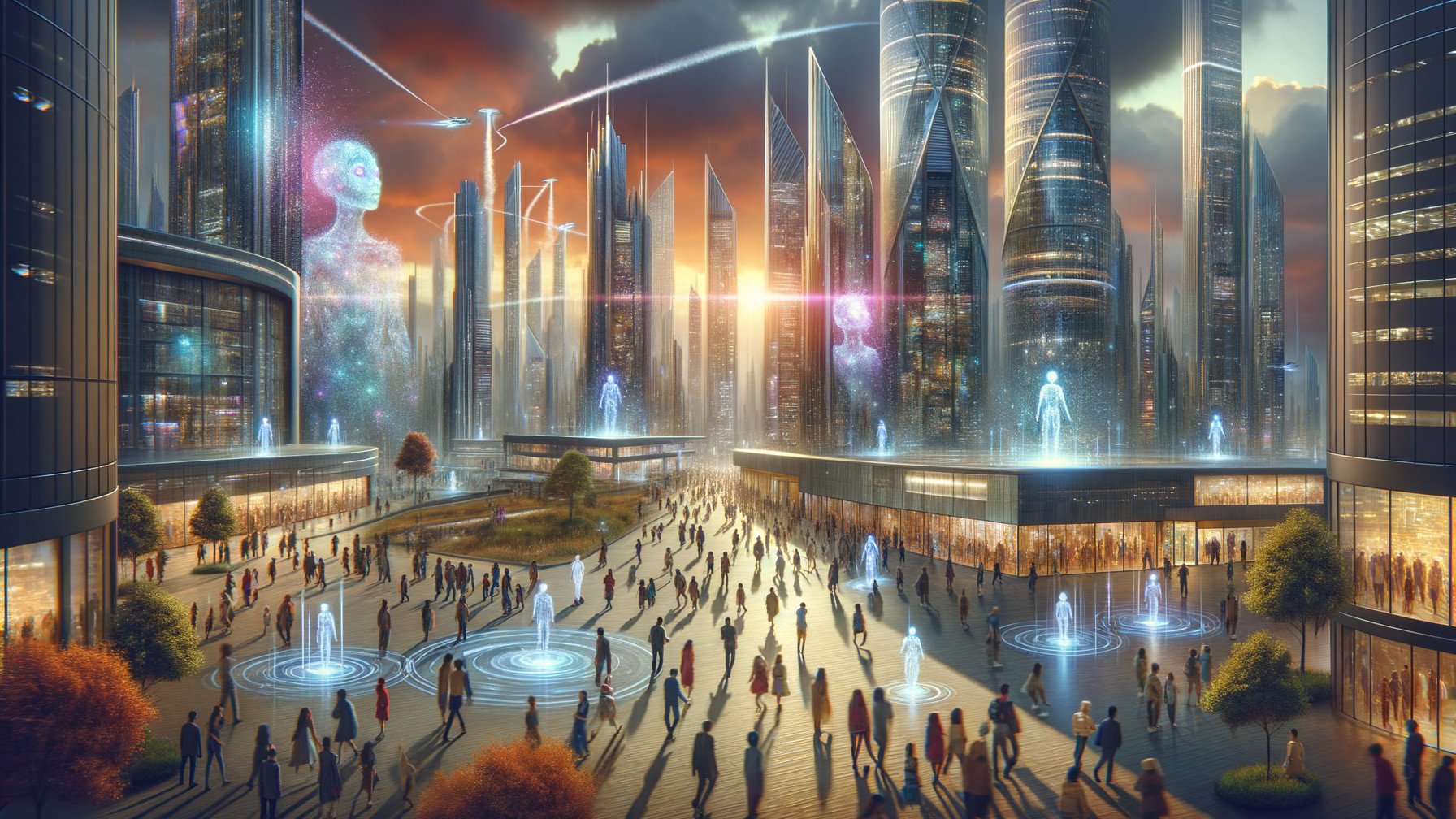 Futuristic cityscape with skyscrapers and sunset sky