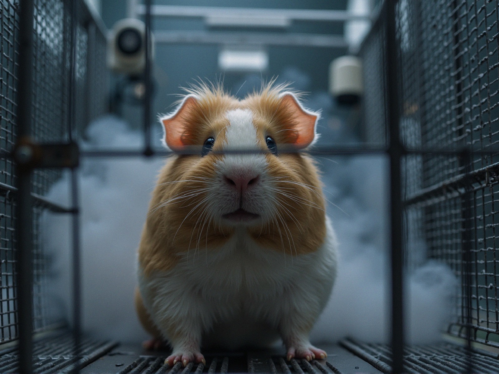 Curious guinea pig in a metal cage with smoky background