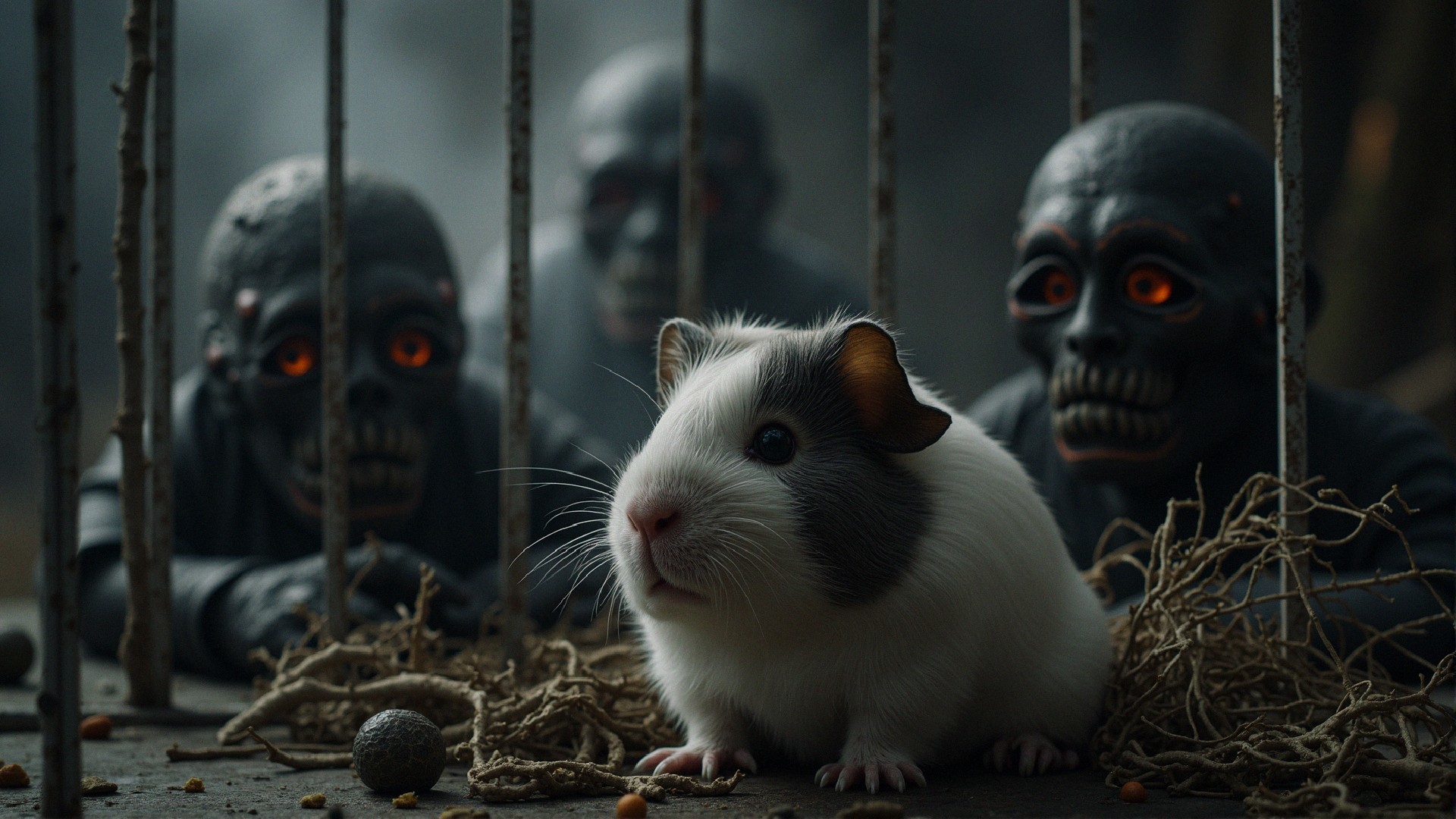 Guinea Pig in Dark Setting with Ominous Figures