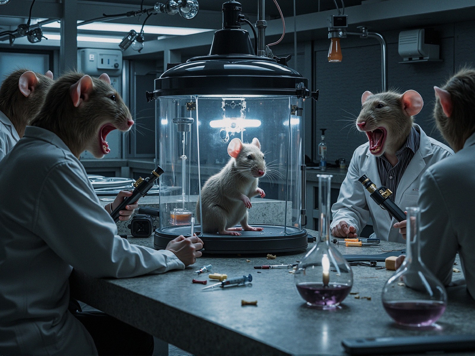 Scientists with Rat Heads Conducting Experiments in Lab