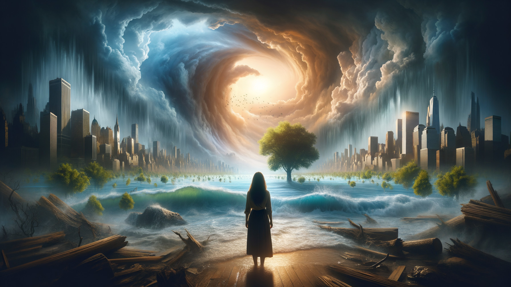 Surreal Landscape of Turbulent Shoreline and Skyscrapers