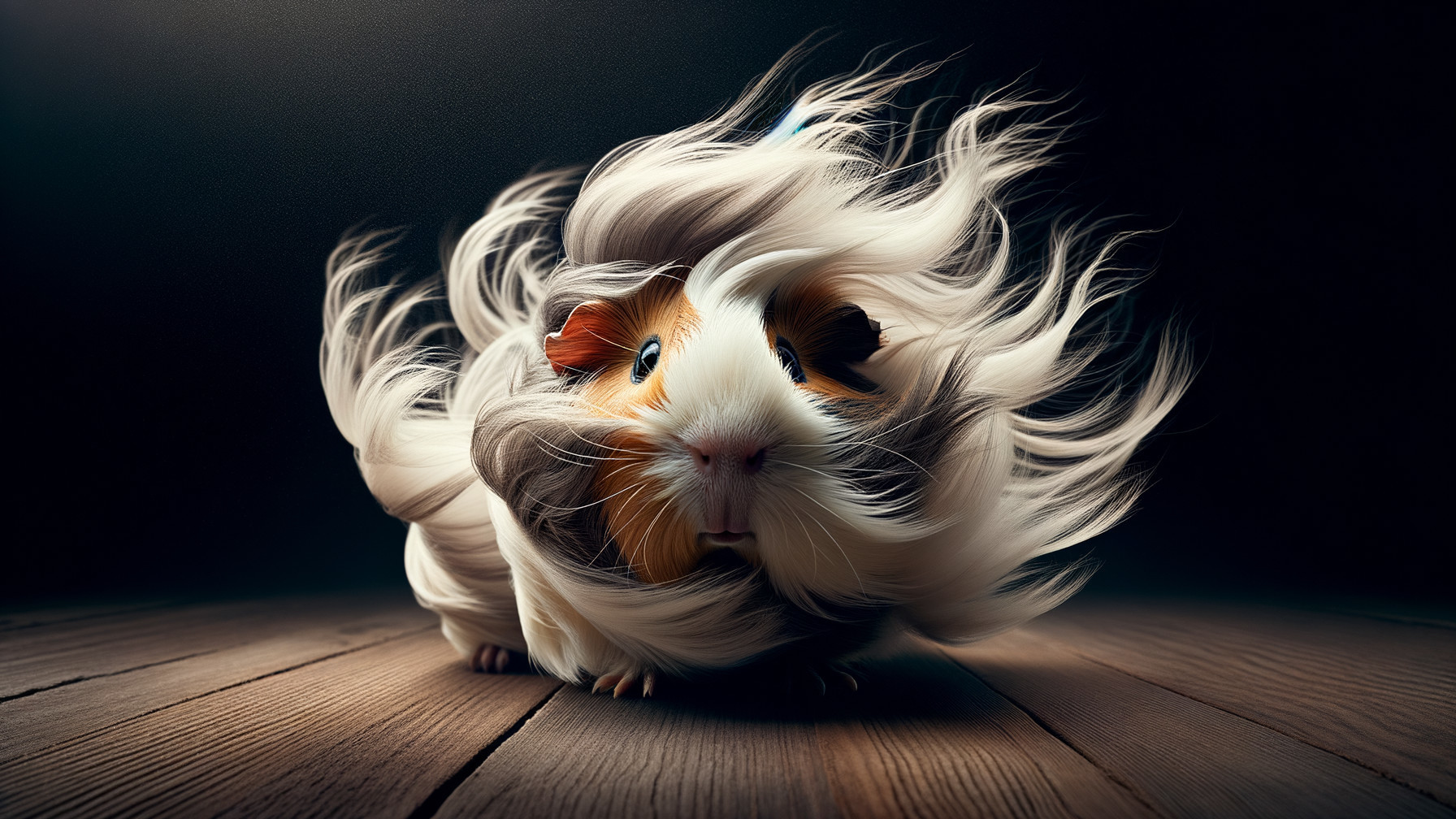 Fluffy Guinea Pig with Long Hair in Motion Scene