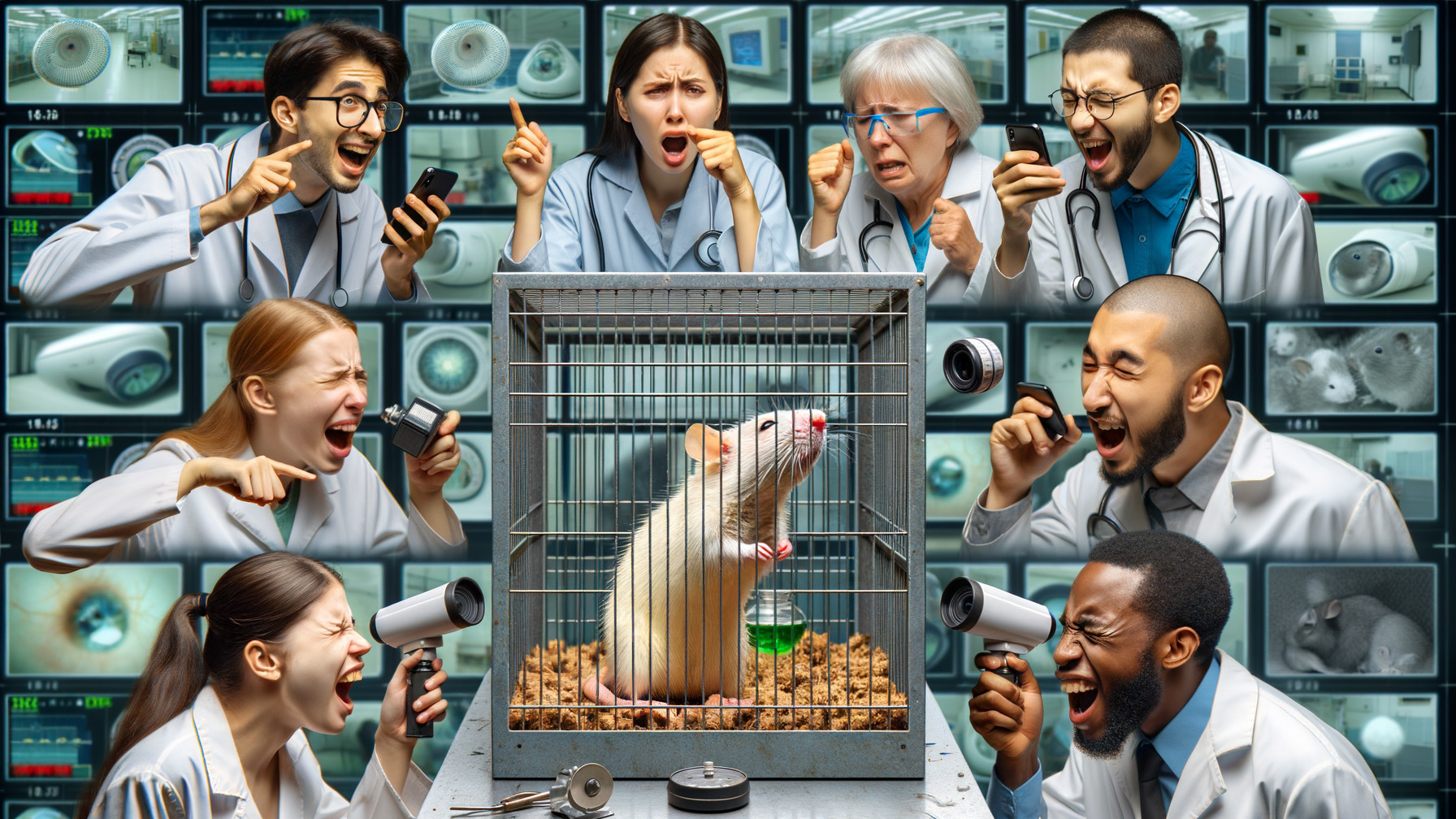 Scientists React to White Rat in Lab Experiment
