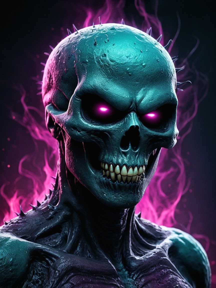 Skull with Glowing Eyes and Purple Flames