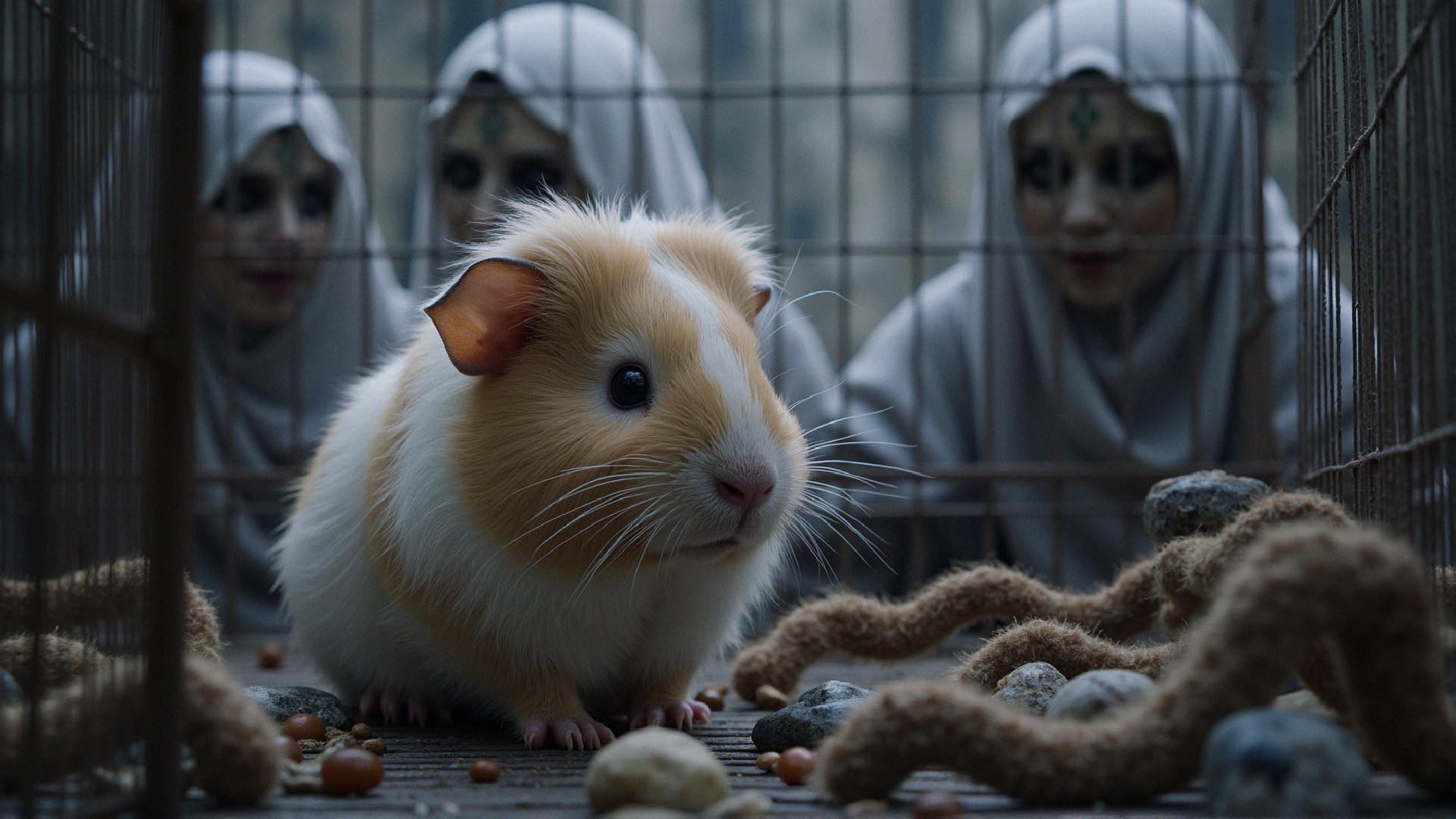 Guinea Pig in Cage with Eerie Cloaked Figures Nearby