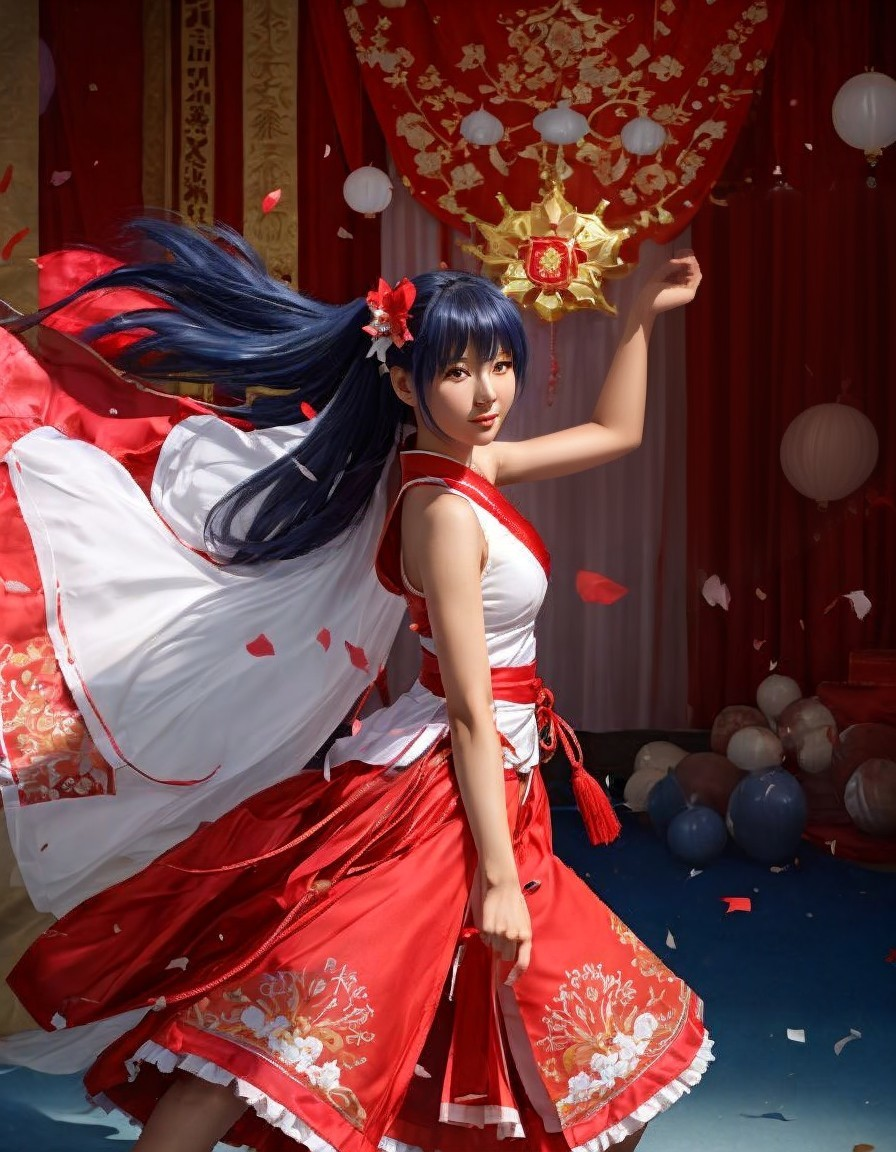 Dynamic Pose of Person in Red and White Costume with Blue Hair amidst Falling Petals & Balloons