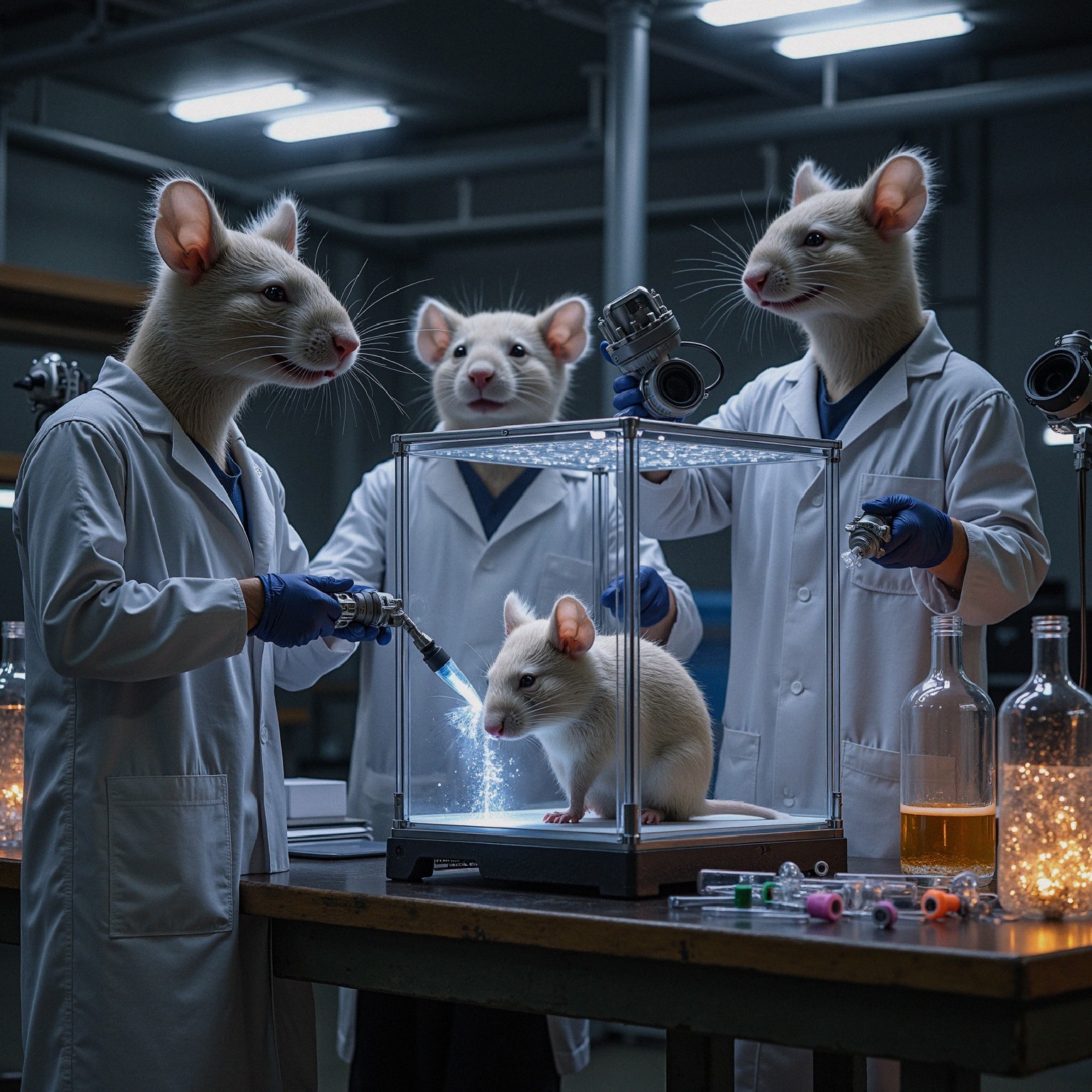 Anthropomorphic lab mice conducting experiments in a lab